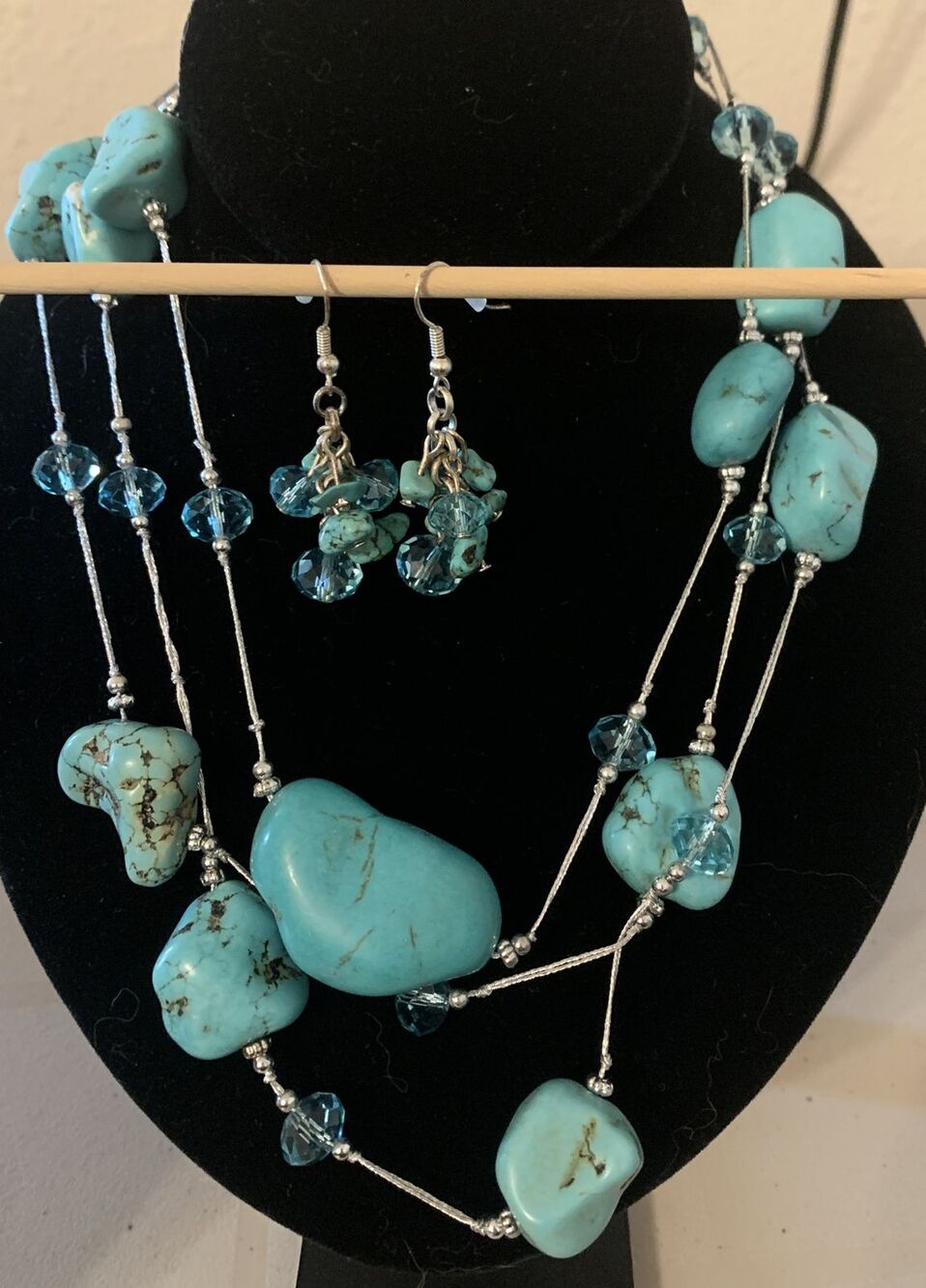 Turquoise Glass Beaded Long Necklace Earrings Set Boho Southwest 50”